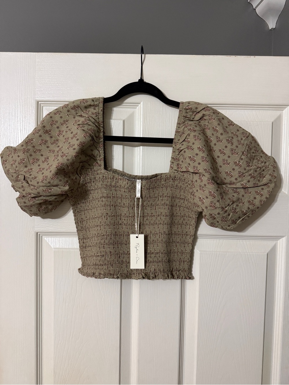 Rylee + Cru Olive Smocked Crop Top with Floral Puff Sleeves